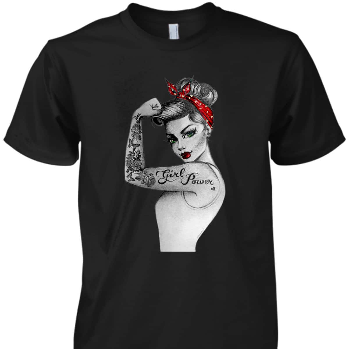 Womens Girl Power Pin Up Arm Sleeve Tattoo Ink Retro Vintage Rosie T-Shirt Womens Girl Power Pin Up Arm Sleeve Tattoo Ink Retro Vintage Rosie T-Shirt