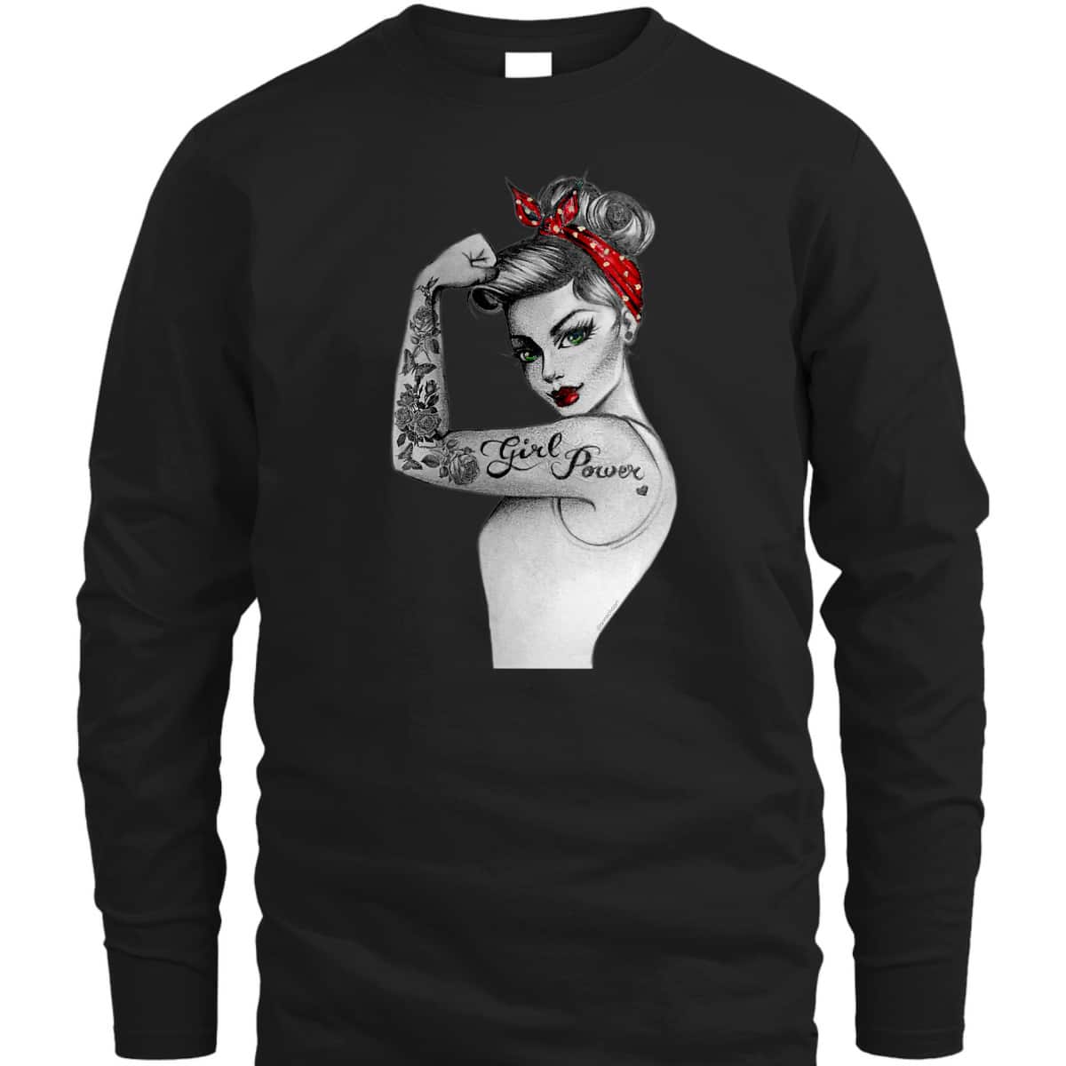 Womens Girl Power Pin Up Arm Sleeve Tattoo Ink Retro Vintage Rosie T-Shirt Womens Girl Power Pin Up Arm Sleeve Tattoo Ink Retro Vintage Rosie T-Shirt