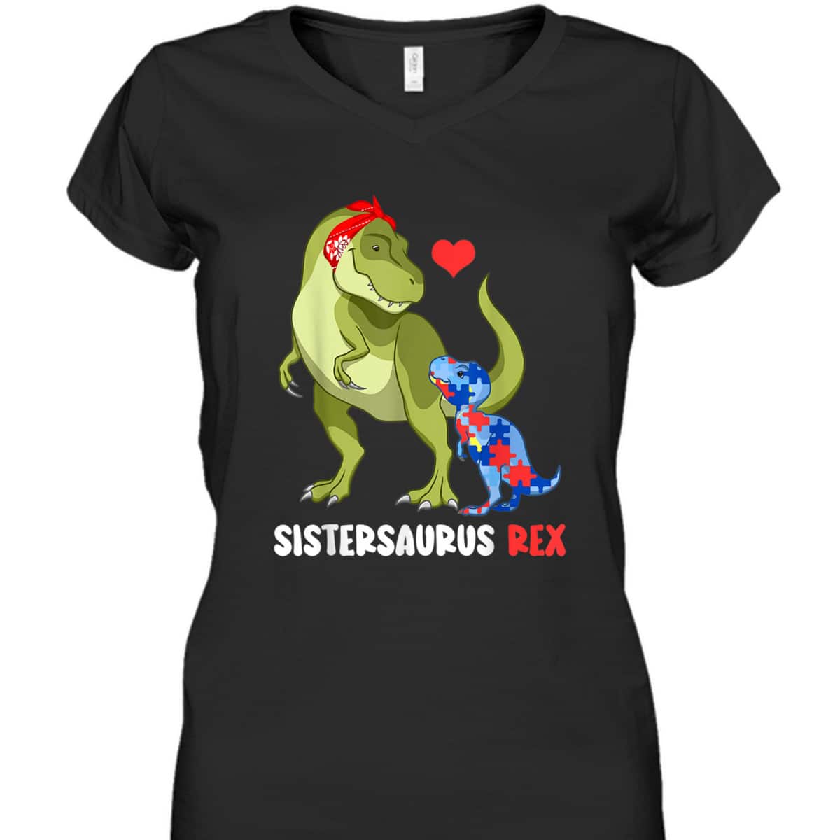 Sistersaurus Rex Sister Autism Awareness Dinosaur Puzzle T-Shirt