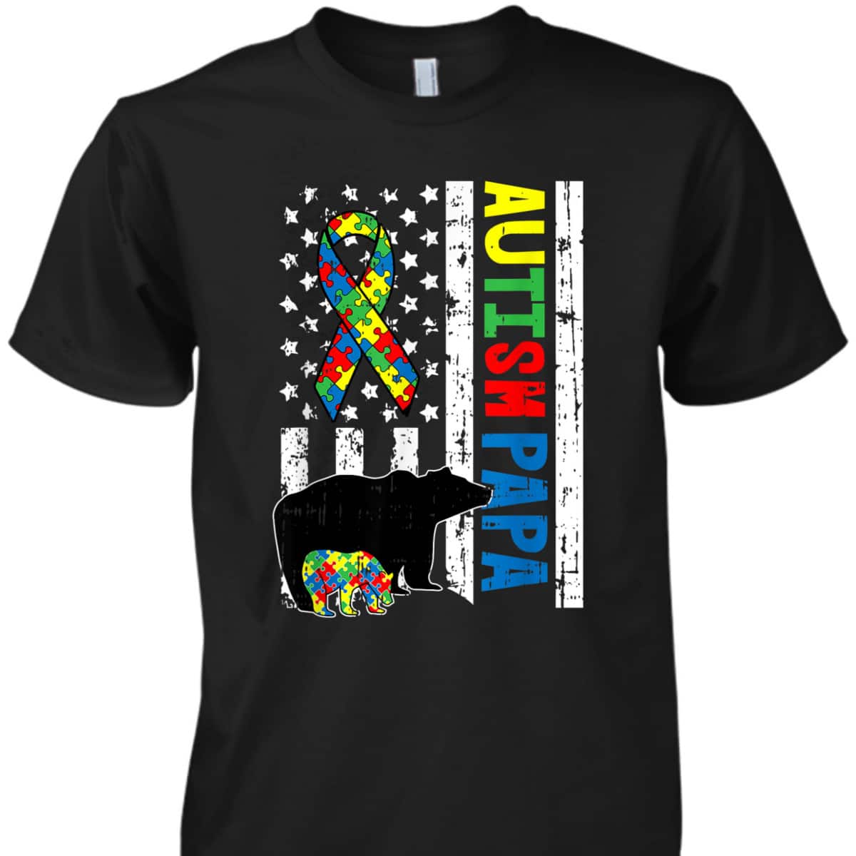 Papa Bear Matching Family Autism Awareness Gifts US Flag T-Shirt