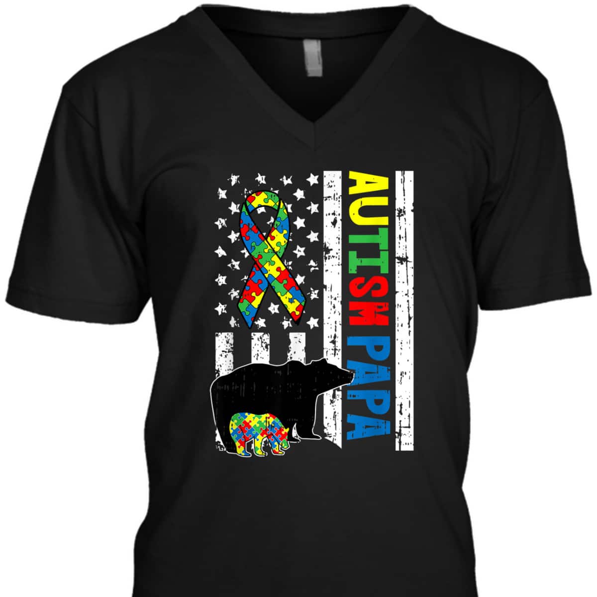 Papa Bear Matching Family Autism Awareness Gifts US Flag T-Shirt