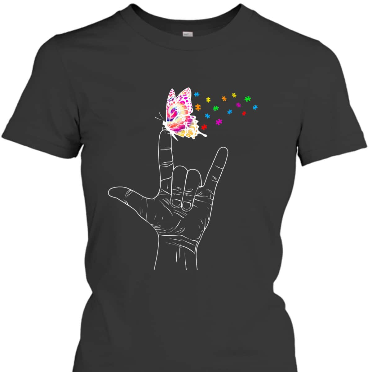 Womens ASL I Love You Hand Sign Language Butterfly Autism Awareness T-Shirt Womens ASL I Love You Hand Sign Language Butterfly Autism Awareness T-Shirt