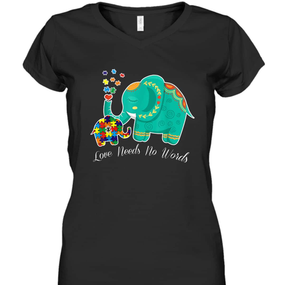 Puzzle Elephant Love Needs No Words - Autism Mom Dad Teacher T-Shirt