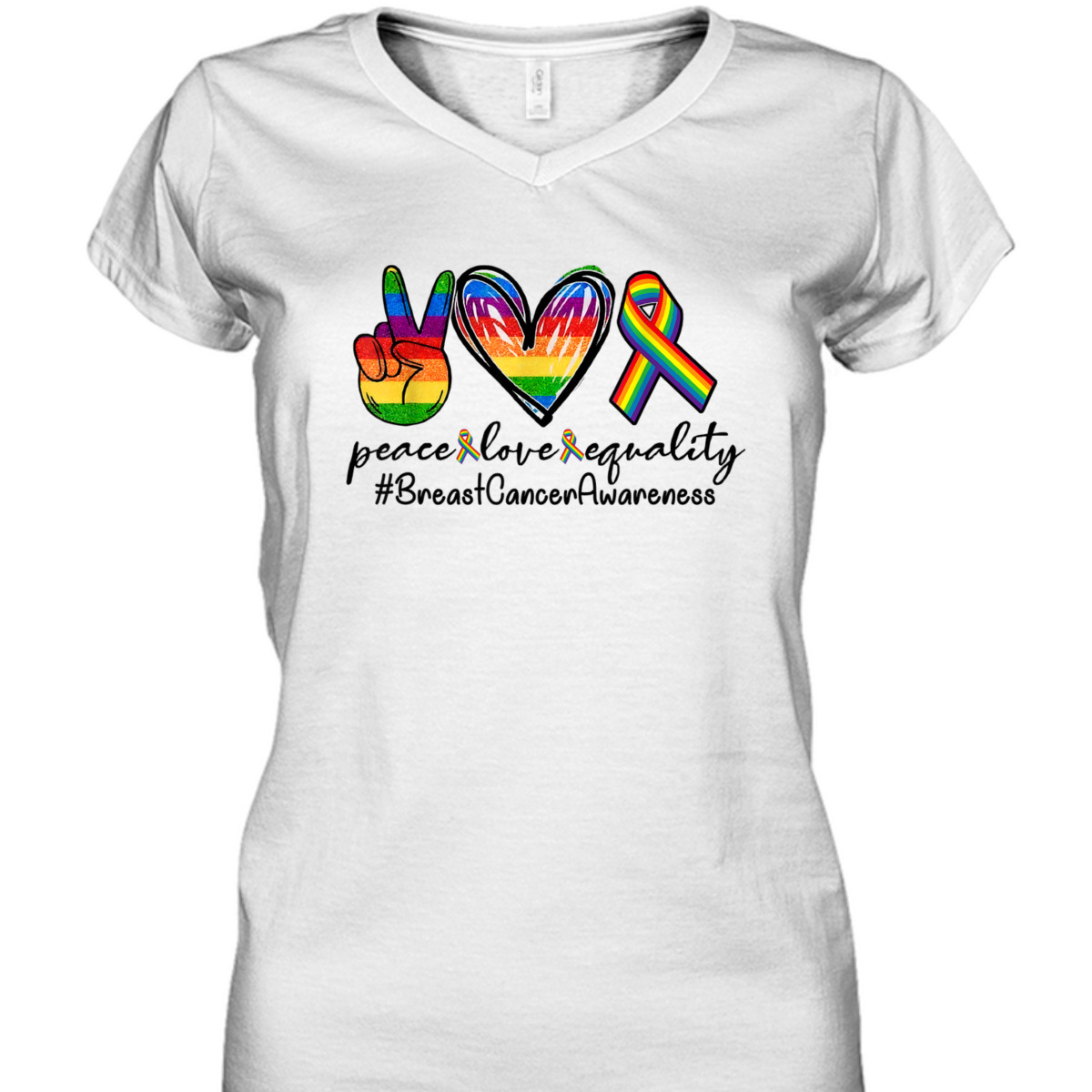 Rainbow Ribbon Peace Love Equality Breast Cancer Awareness T-Shirt