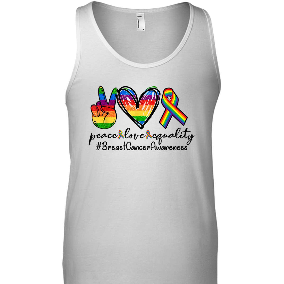 Rainbow Ribbon Peace Love Equality Breast Cancer Awareness T-Shirt
