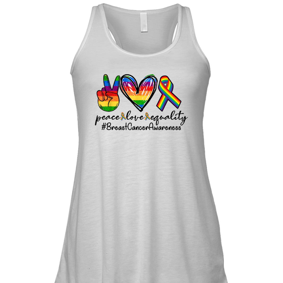 Rainbow Ribbon Peace Love Equality Breast Cancer Awareness T-Shirt