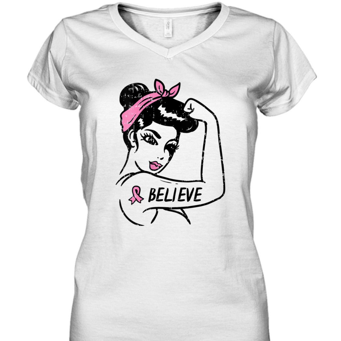 Strong Women Rosie Riveter Believe Pink Ribbon Breast Cancer Awareness T-Shirt Strong Women Rosie Riveter Believe Pink Ribbon Breast Cancer Awareness T-Shirt