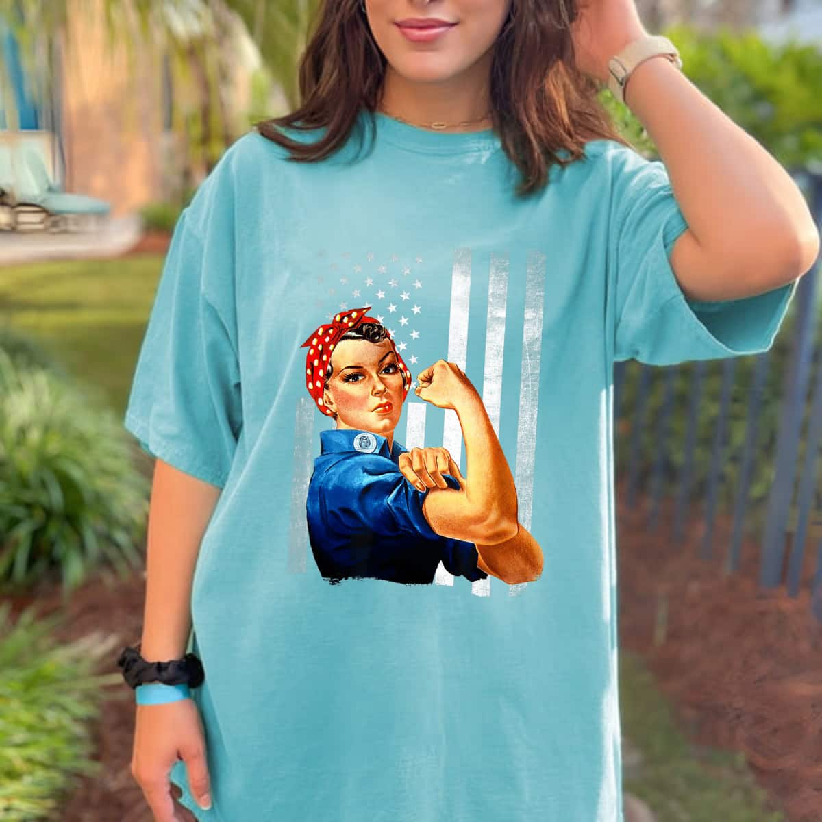 Rosie The Riveter WWII US Flag T-Shirt Rosie The Riveter WWII US Flag T-Shirt