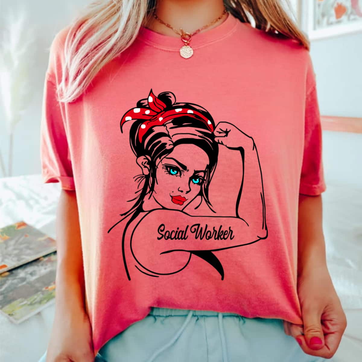 Female Social Worker Rosie The Riveter Pin Up Girl T-Shirt Female Social Worker Rosie The Riveter Pin Up Girl T-Shirt