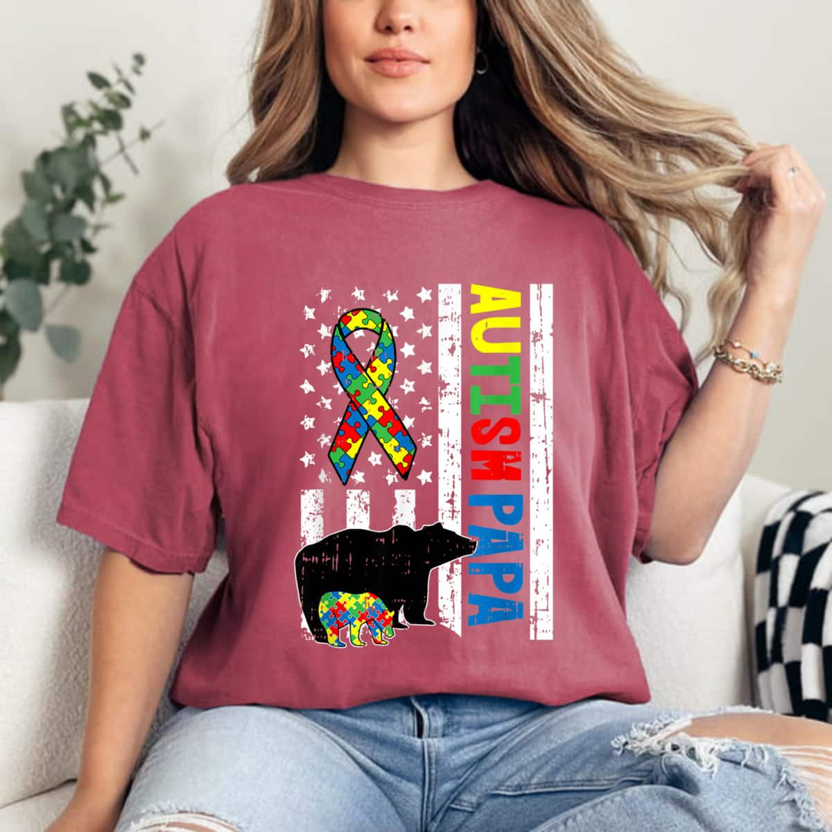 Papa Bear Matching Family Autism Awareness Gifts US Flag T-Shirt Papa Bear Matching Family Autism Awareness Gifts US Flag T-Shirt