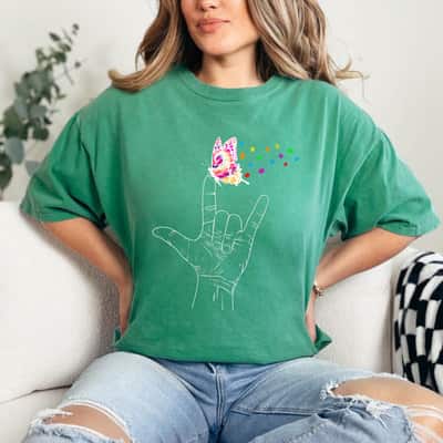 Womens ASL I Love You Hand Sign Language Butterfly Autism Awareness T-Shirt
